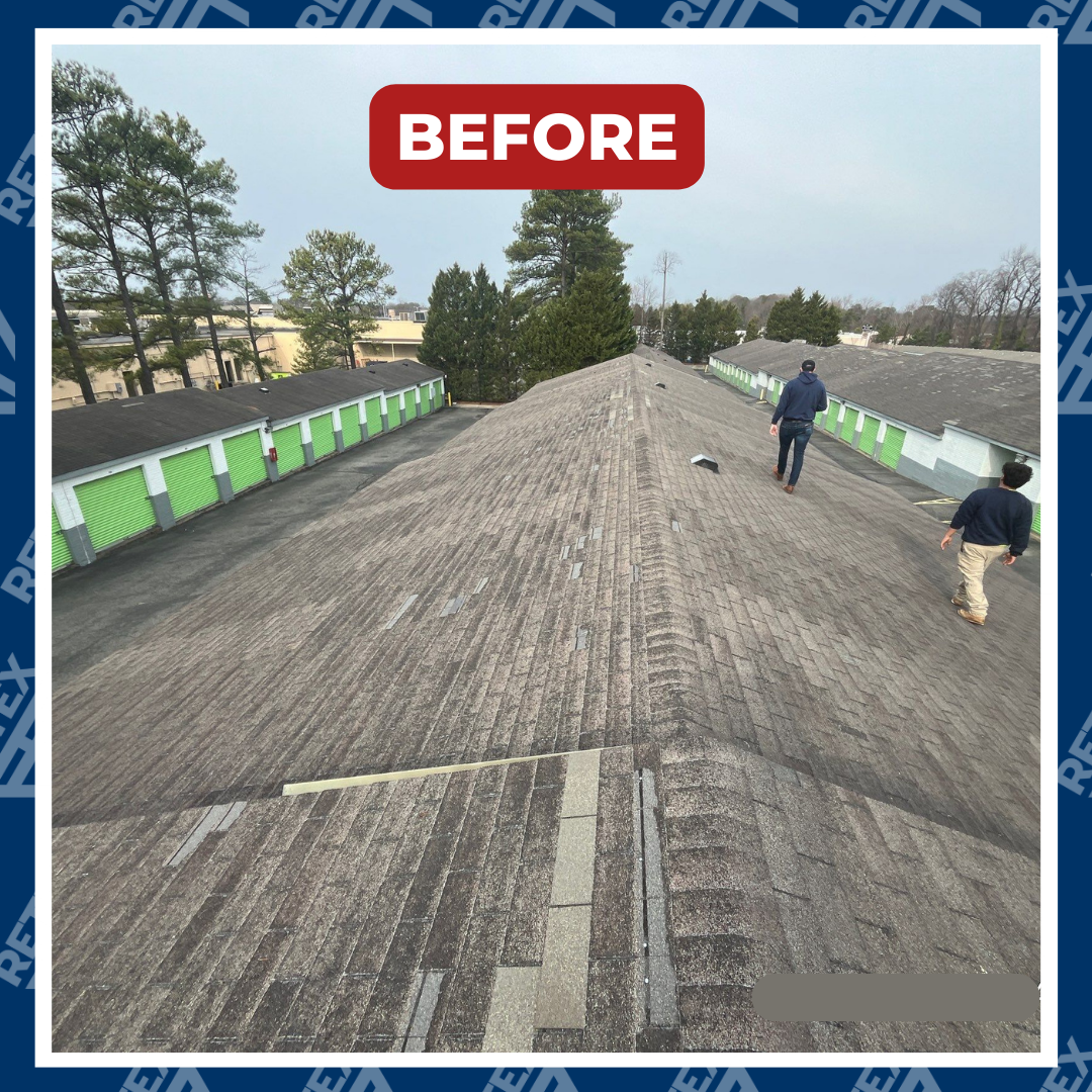An infographic showcasing a before photo of a RETEX roof replacement for Extra Space Storage in Richmond VA.