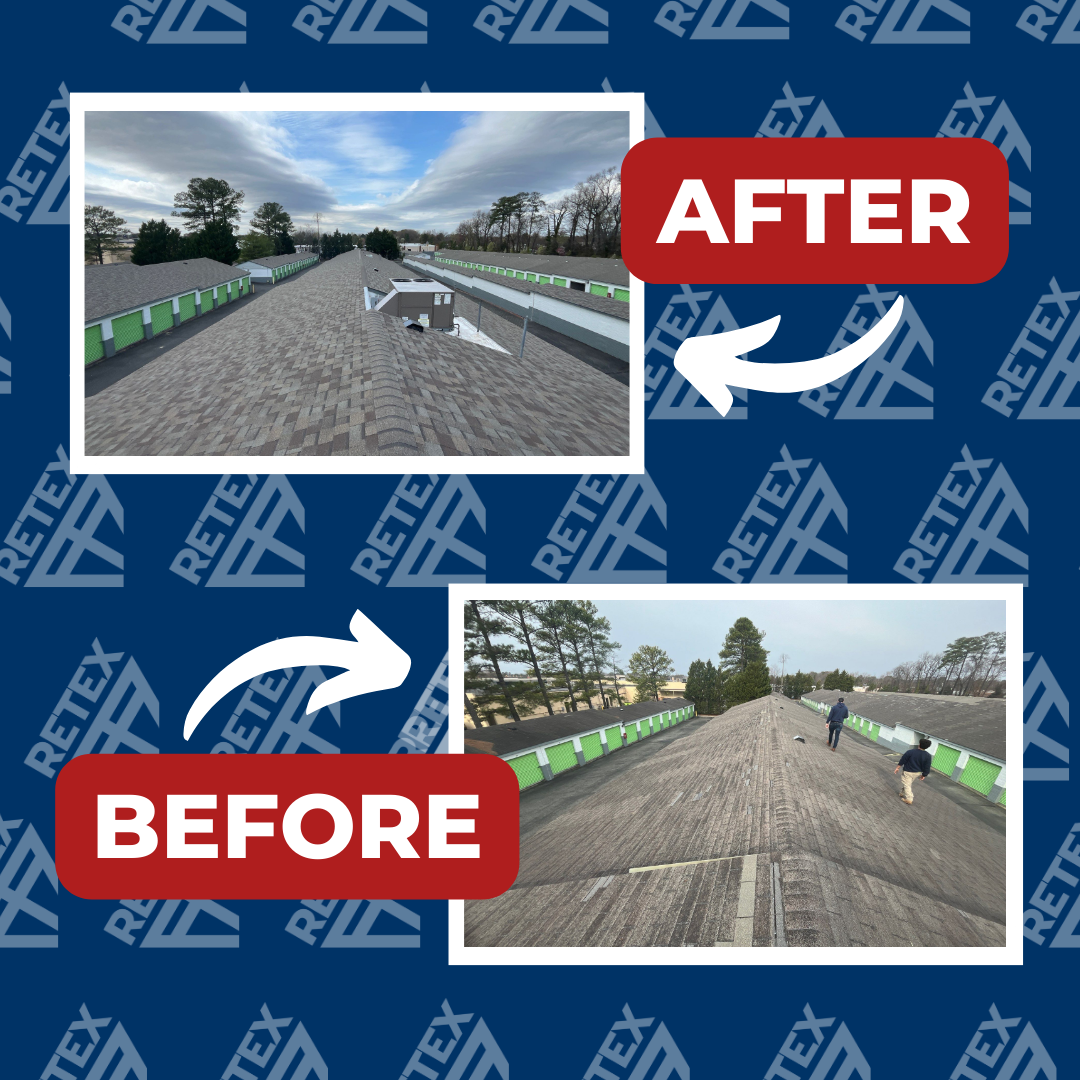 An infographic showcasing before-and-after photos of a RETEX roof replacement for a Richmond VA self-storage unit.
