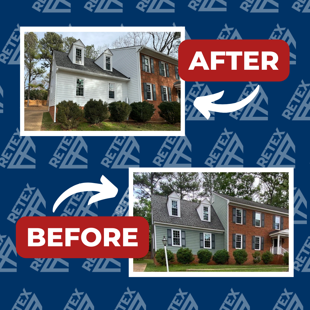 A graphic showing before-and-after photos of a RETEX LP Smartside siding replacement in Richmond VA 23233.