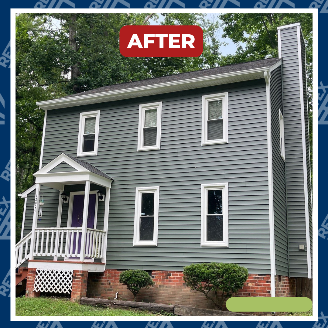 A graphic showing an after photo of a RETEX siding and gutter replacement in Midlothian VA 23114.