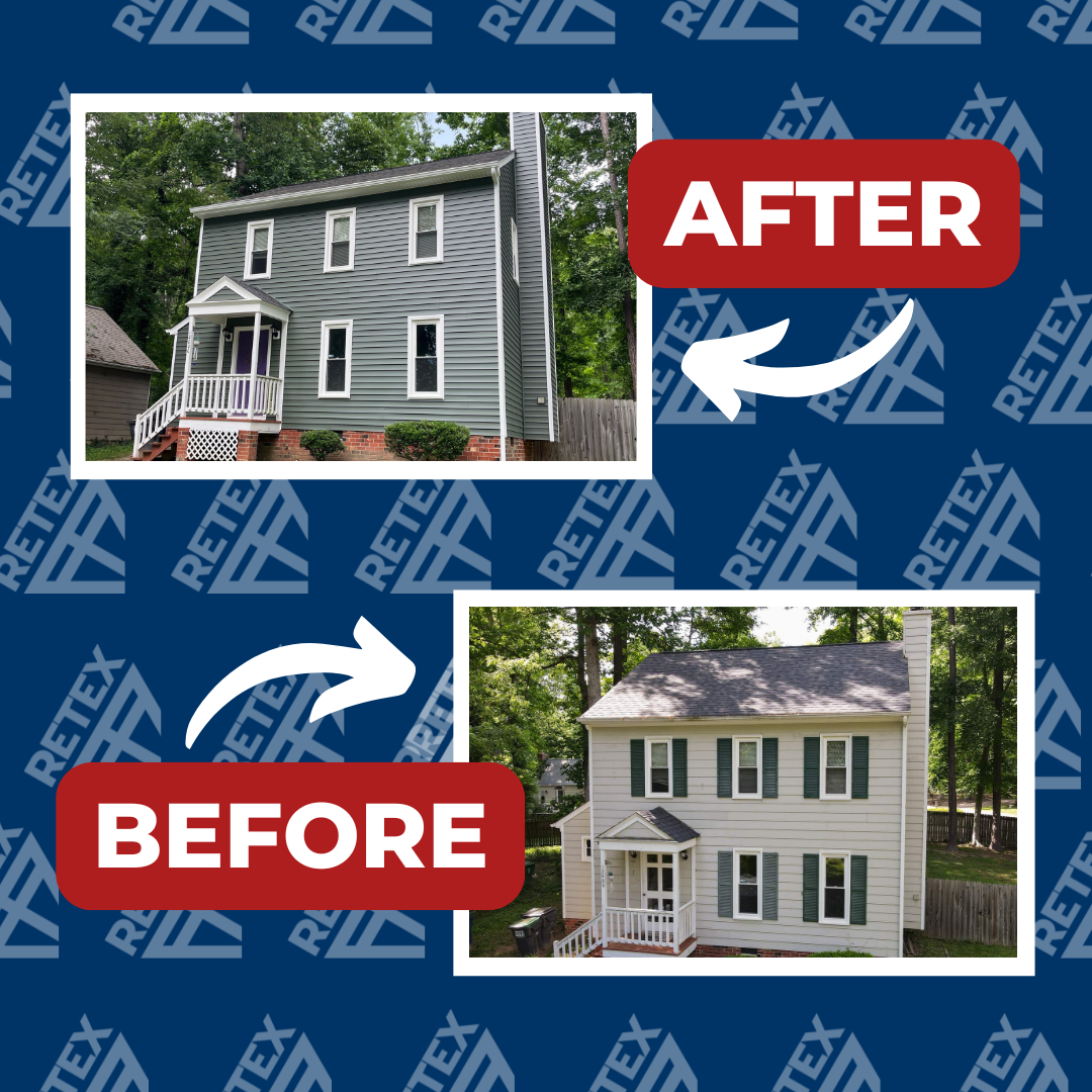 A graphic showing before-and-after photos of a RETEX siding and gutter replacement in Midlothian VA 23114.