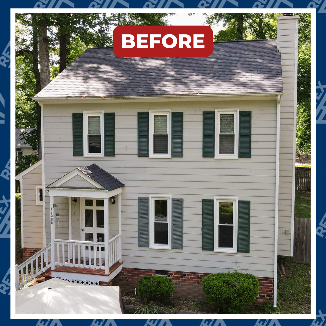 A graphic showing a before photo of a RETEX siding and gutter replacement in Midlothian VA 23114.