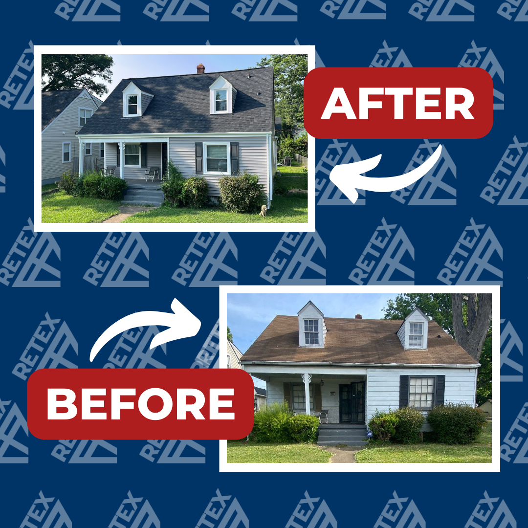 A graphic showing before-and-after photos of a RETEX siding replacement in Richmond VA 23222.