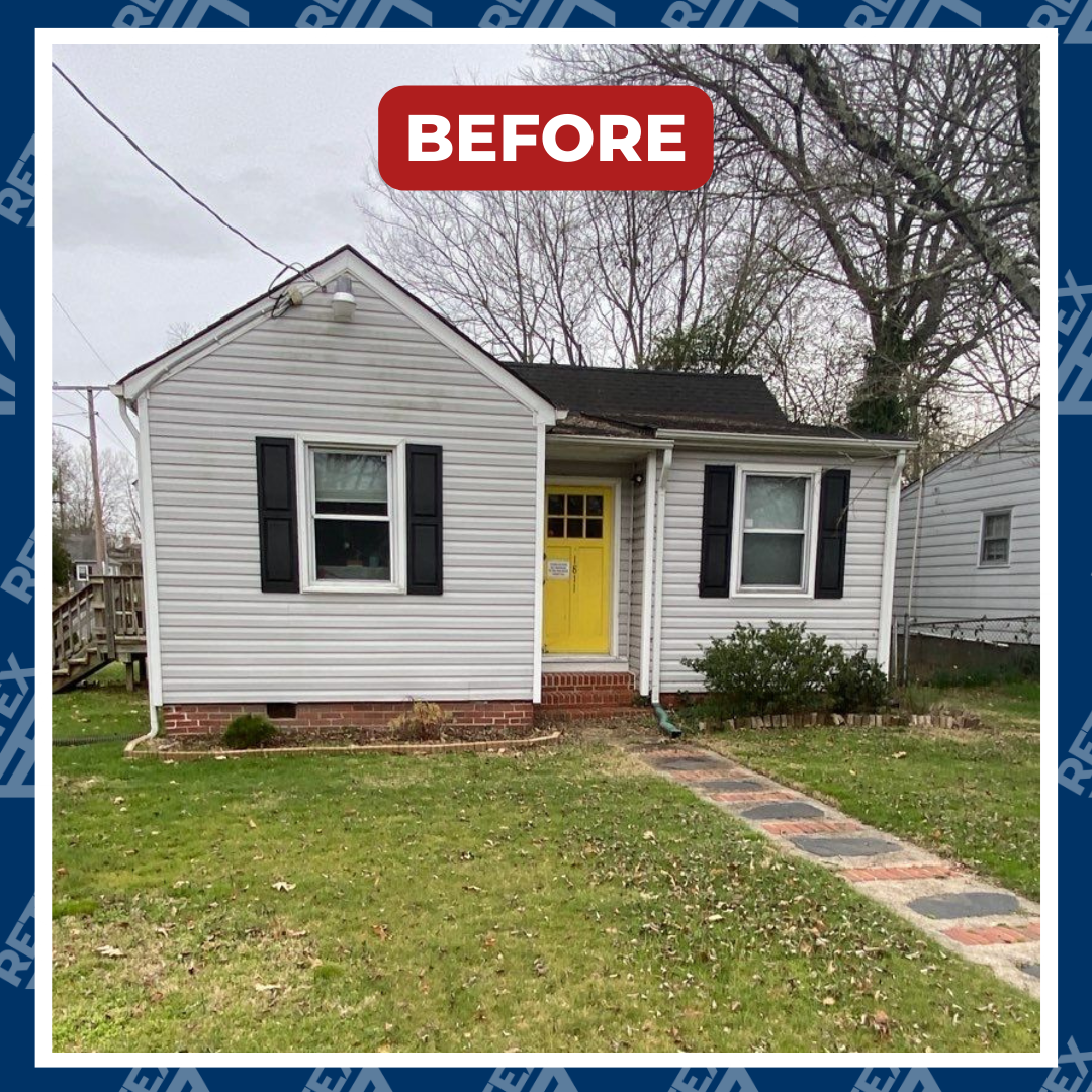 A graphic showing a before-installation image of a RETEX vinyl siding replacement in Chester, VA 23231.