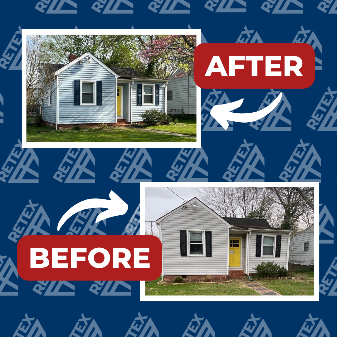 A graphic showing before-and after photos of a RETEX vinyl siding replacement in Chester, VA 23231.