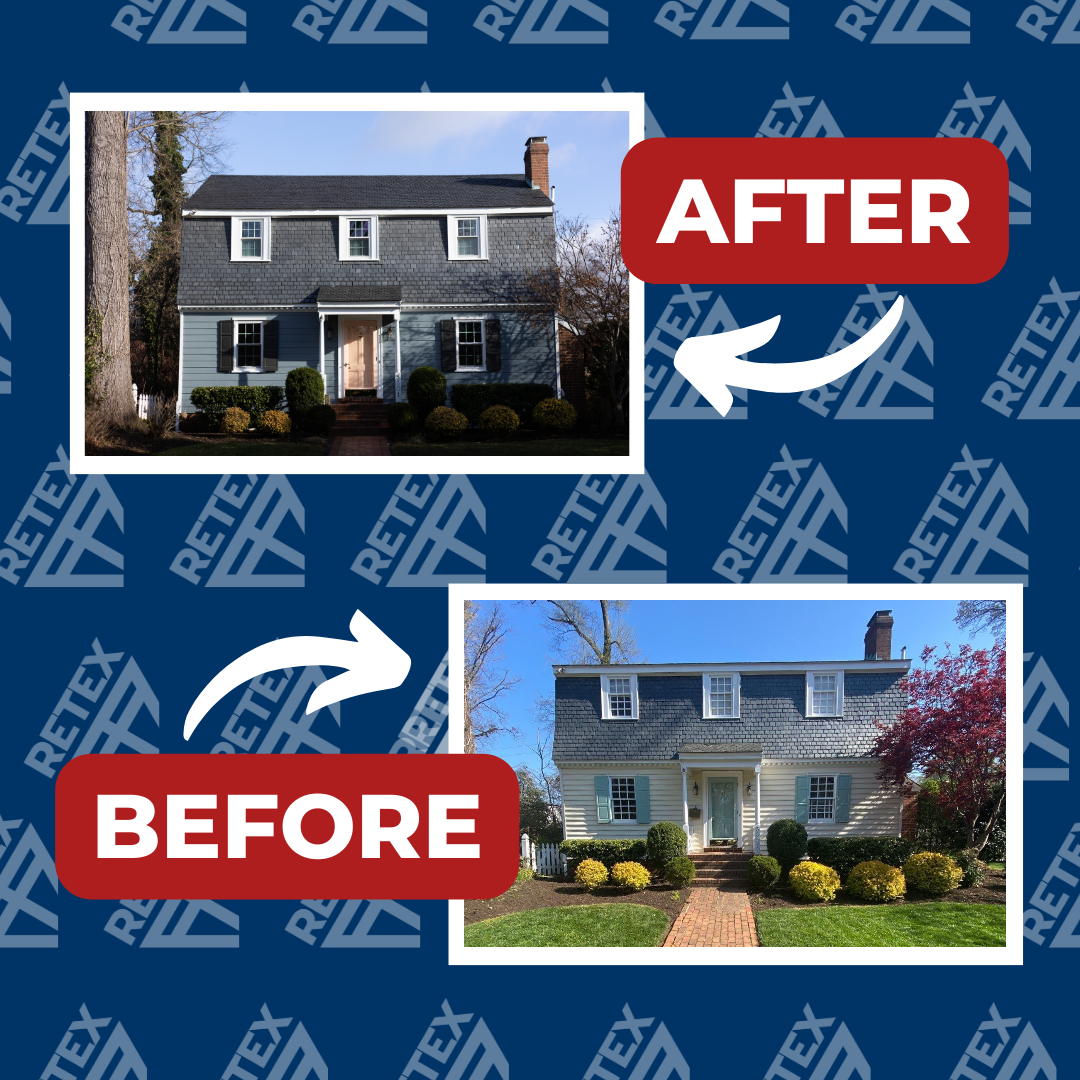 A graphic showing before-and-after photos of a RETEX HardiePlank fiber cement siding replacement in Richmond VA 23225.