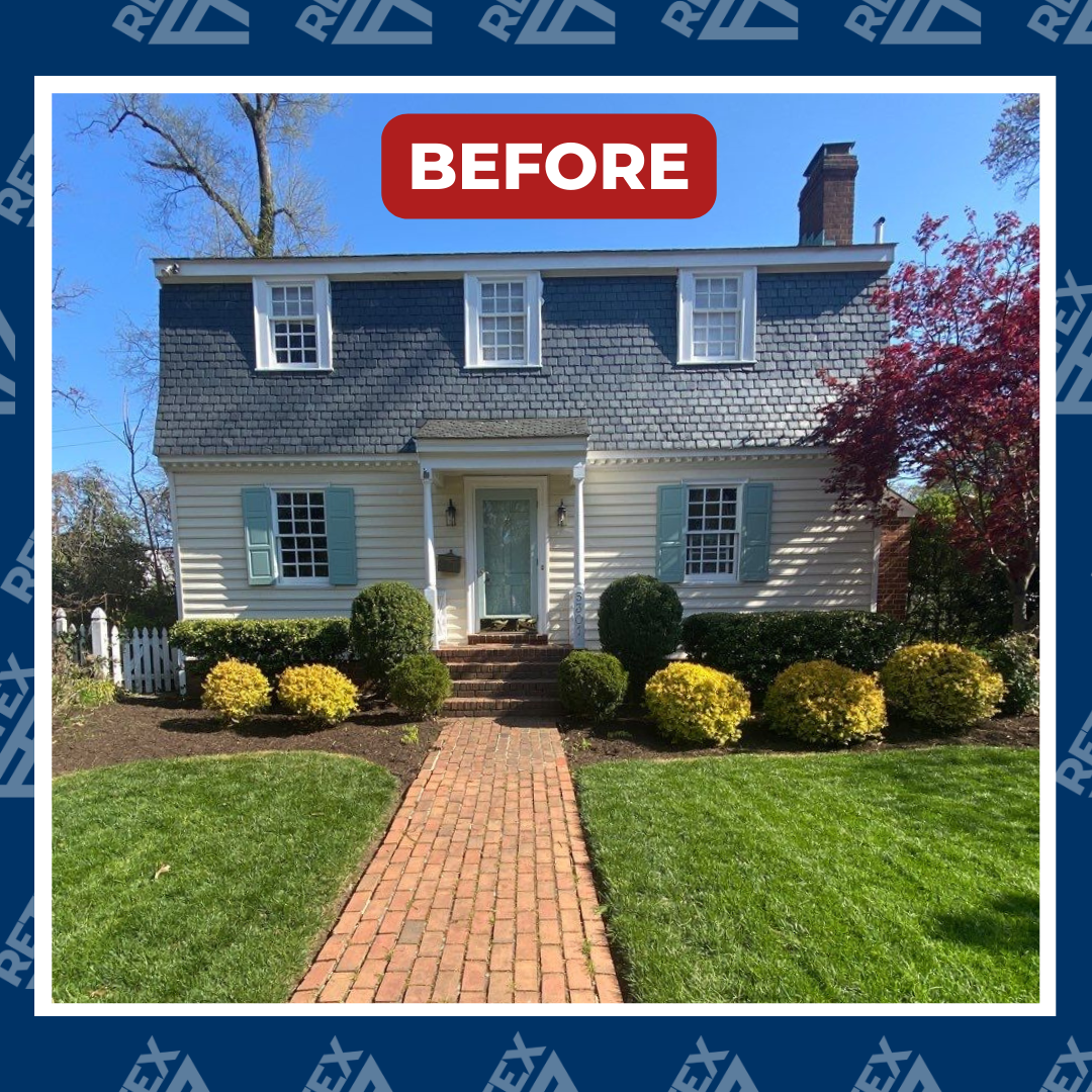 A graphic of a before-installation image of a RETEX HardiePlank fiber cement siding replacement in Richmond, VA 23225.