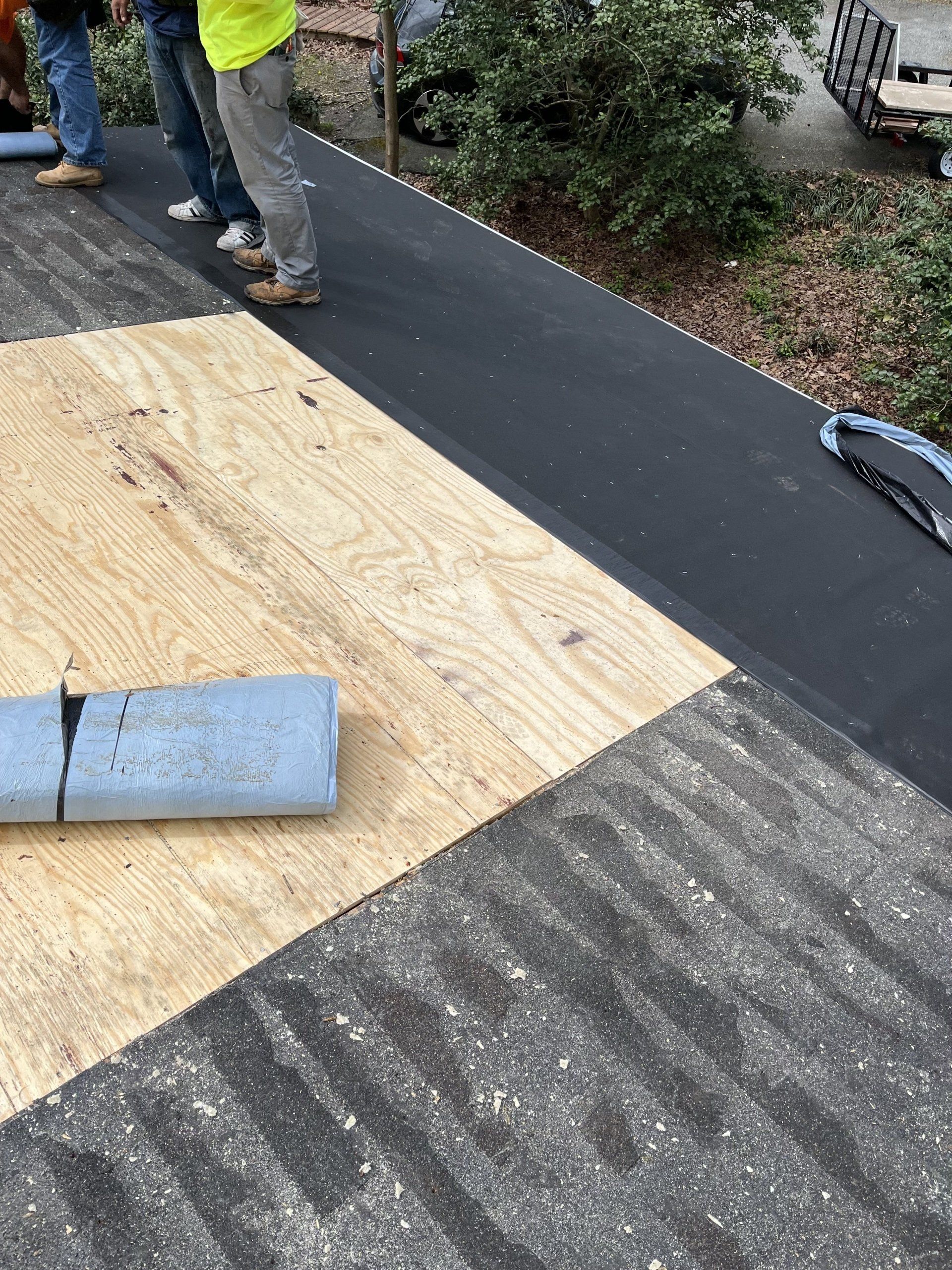 An during-installation image of small roof replacement in North Chesterfield, VA 23235.