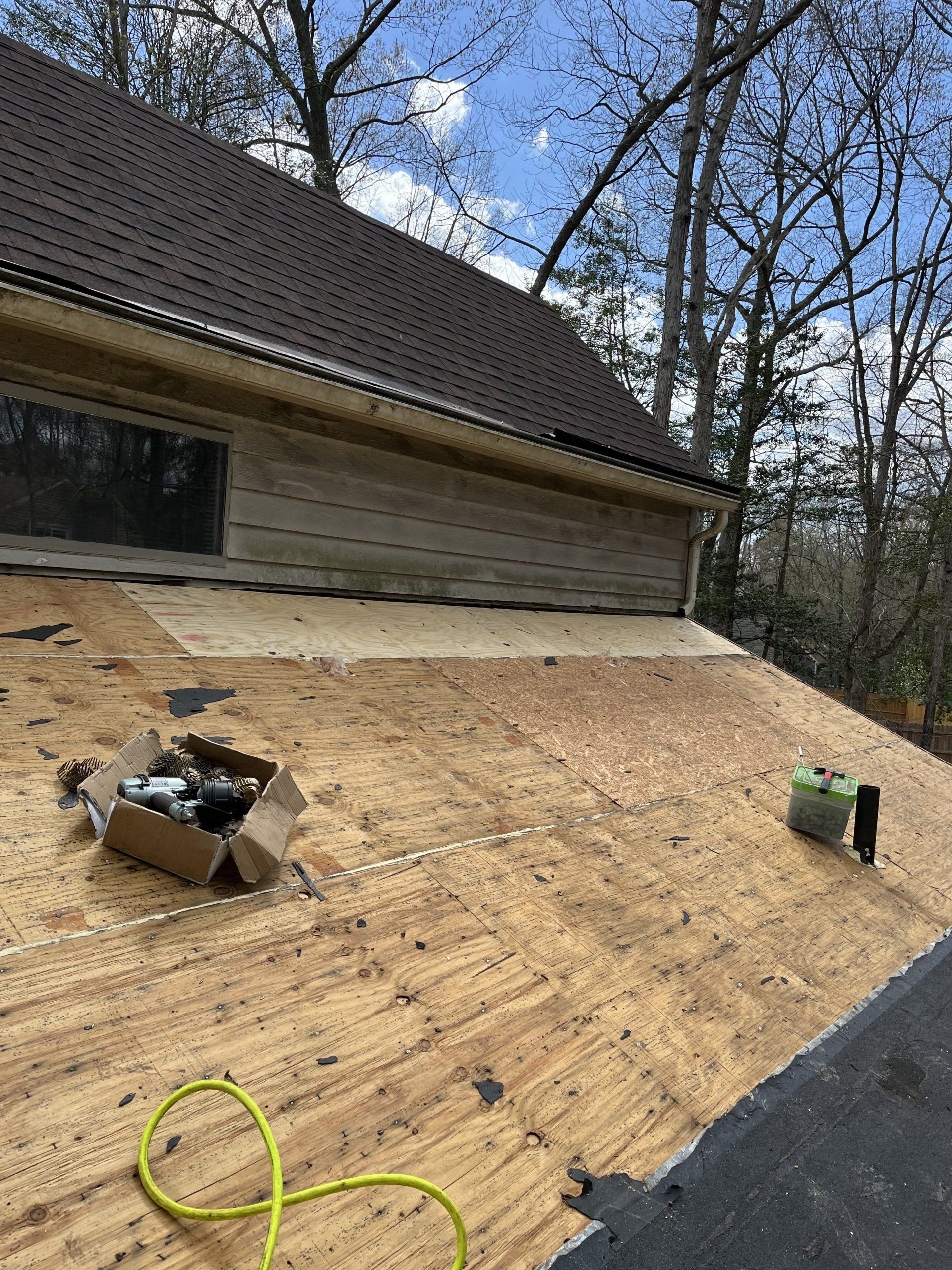 An during-installation image of small roof replacement in North Chesterfield, VA 23235.