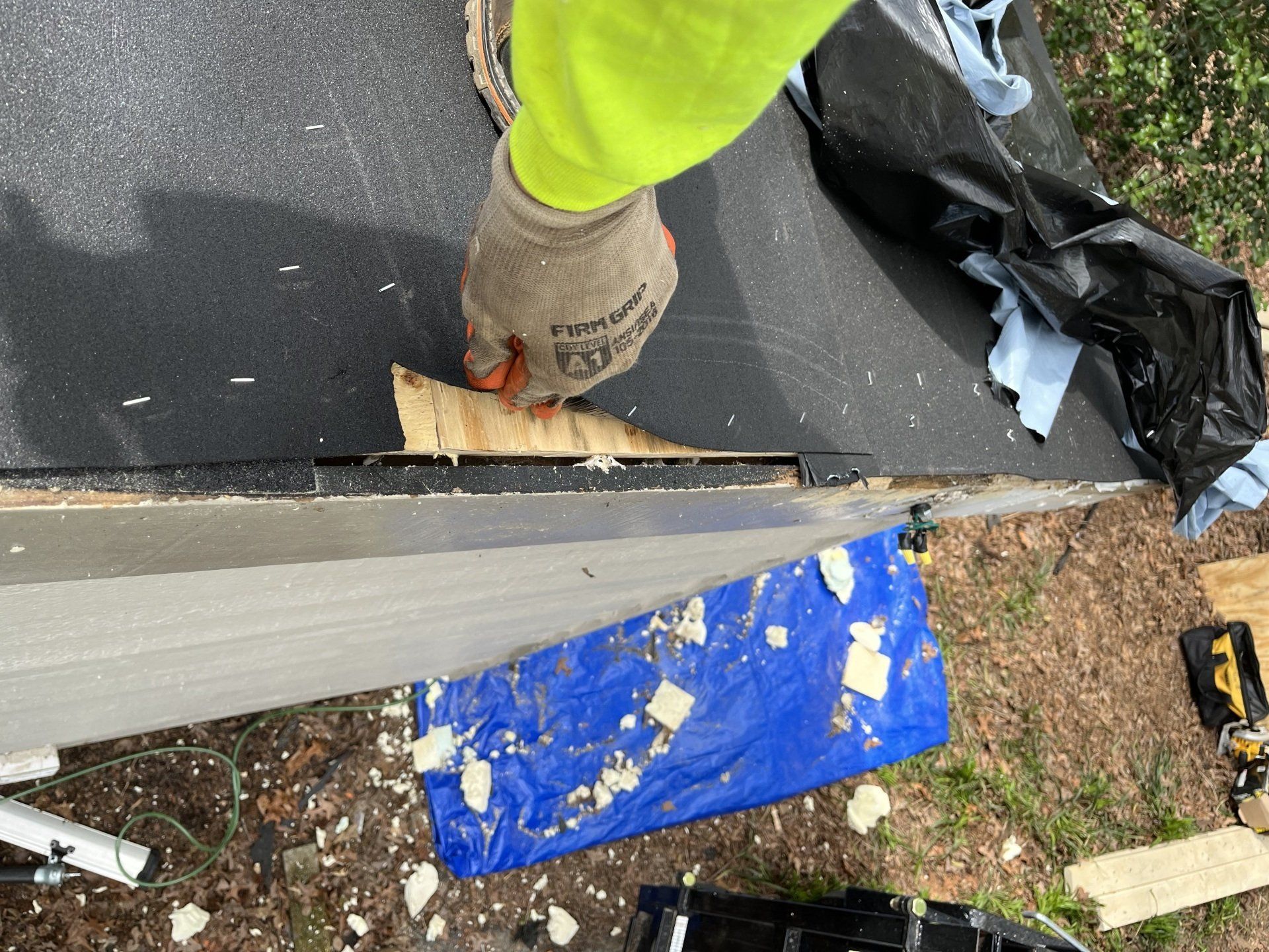 An during-installation image of small roof replacement in North Chesterfield, VA 23235.