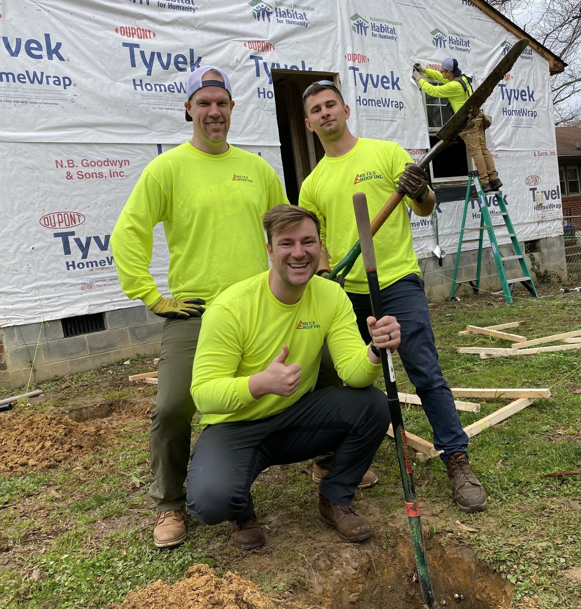 Image of RETEX’s Caleb Kammerling, Josh Lewis, and Mark Erickson volunteering with Richmond Habitat for Humanity. 
