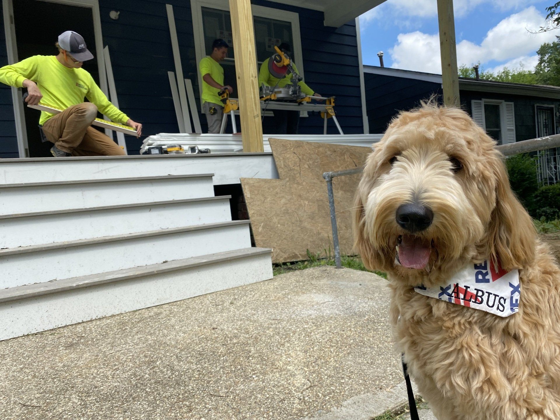 RETEX's Albus Lewis supervises as Caleb Hennon, Caleb Kammerling, and Josh Lewis volunteer at RIchmond Habitat for Humanity.