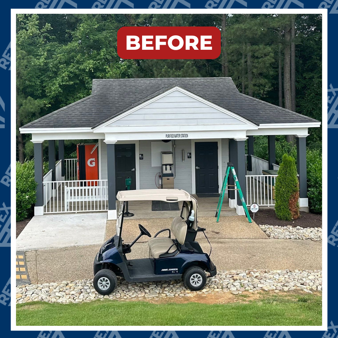 A graphic showing a before photo of a RETEX roof replacement for Independence Golf Club in Midlothian VA 23112.