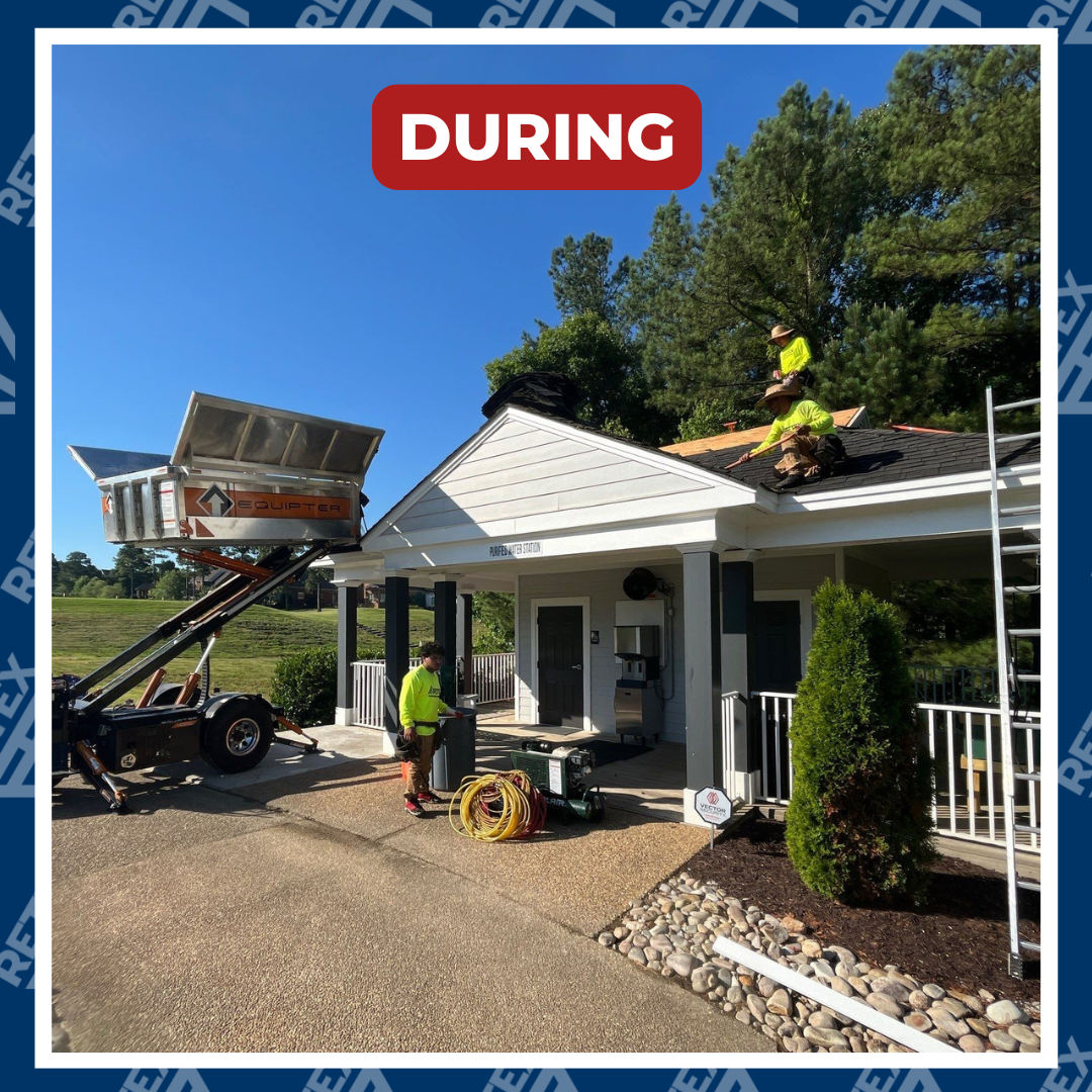 A graphic showing a during-installation photos of a RETEX roof replacement for Independence Golf Club in Midlothian VA 23112.
