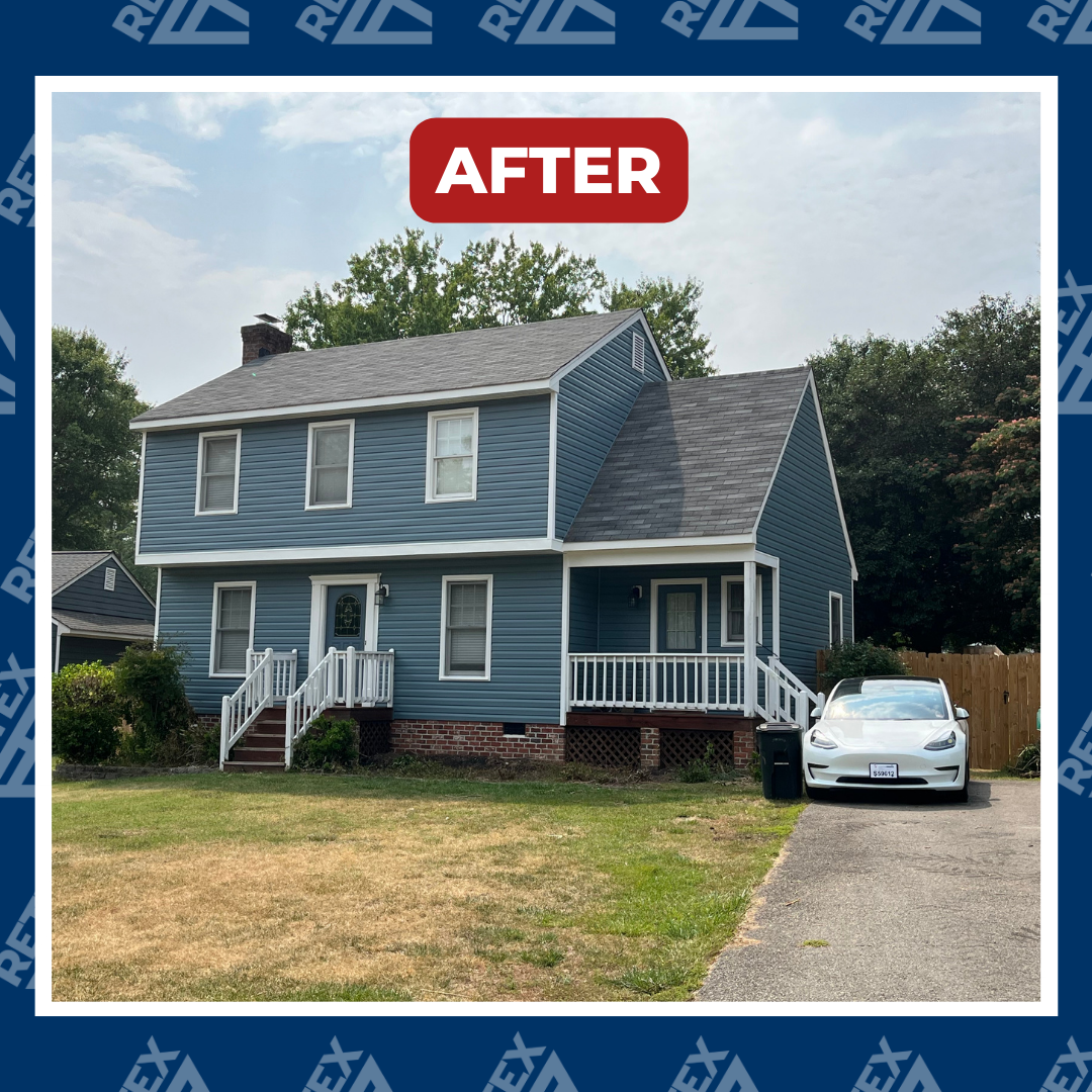 An after-installation photo of a RETEX vinyl siding replacement in Richmond VA 23228. Certainteed Mainstreet 