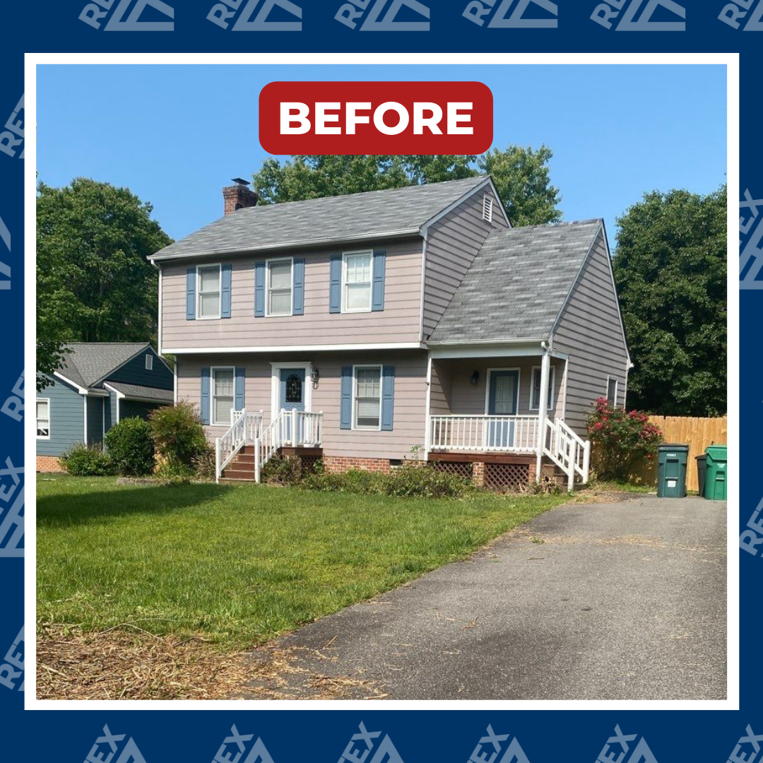 A before-installation photo of a RETEX vinyl siding replacement in Richmond VA 23228. Certainteed Mainstreet 