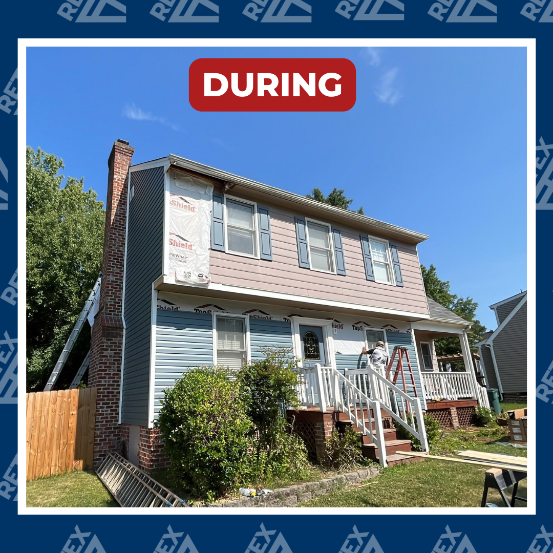 A graphic of during-installation photo of a RETEX siding replacement in Richmond VA 23228. Certainteed Mainstreet vinyl.