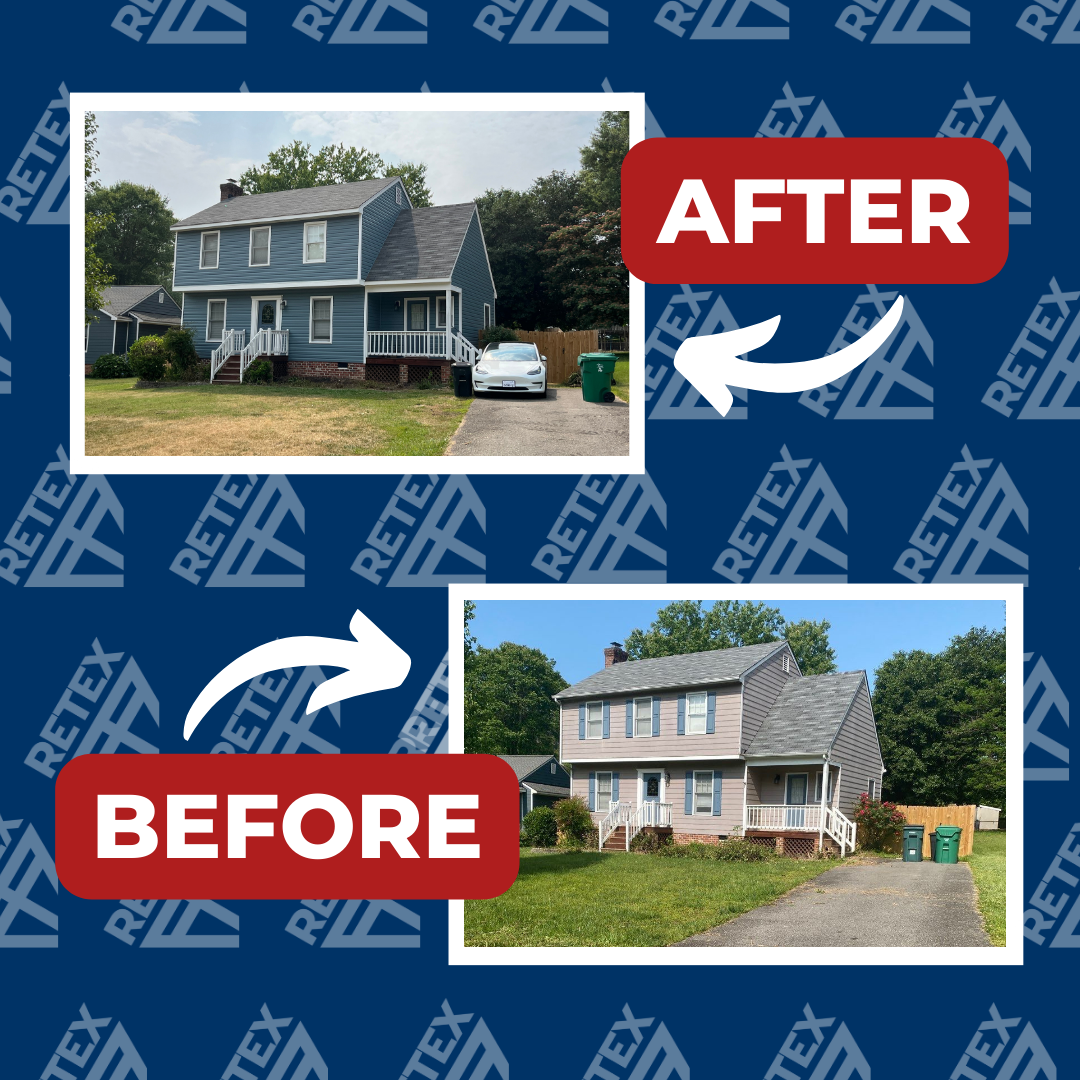 A before-and-after graphic of a RETEX vinyl siding replacement in Richmond VA 23228. Certainteed Mainstreet