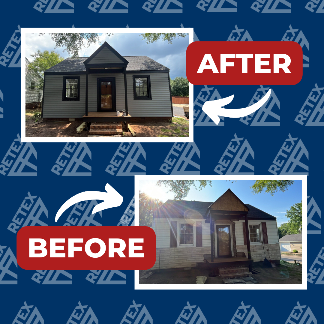 A graphic showing before-and-after photos of a RETEX siding replacement in Richmond VA 23223.