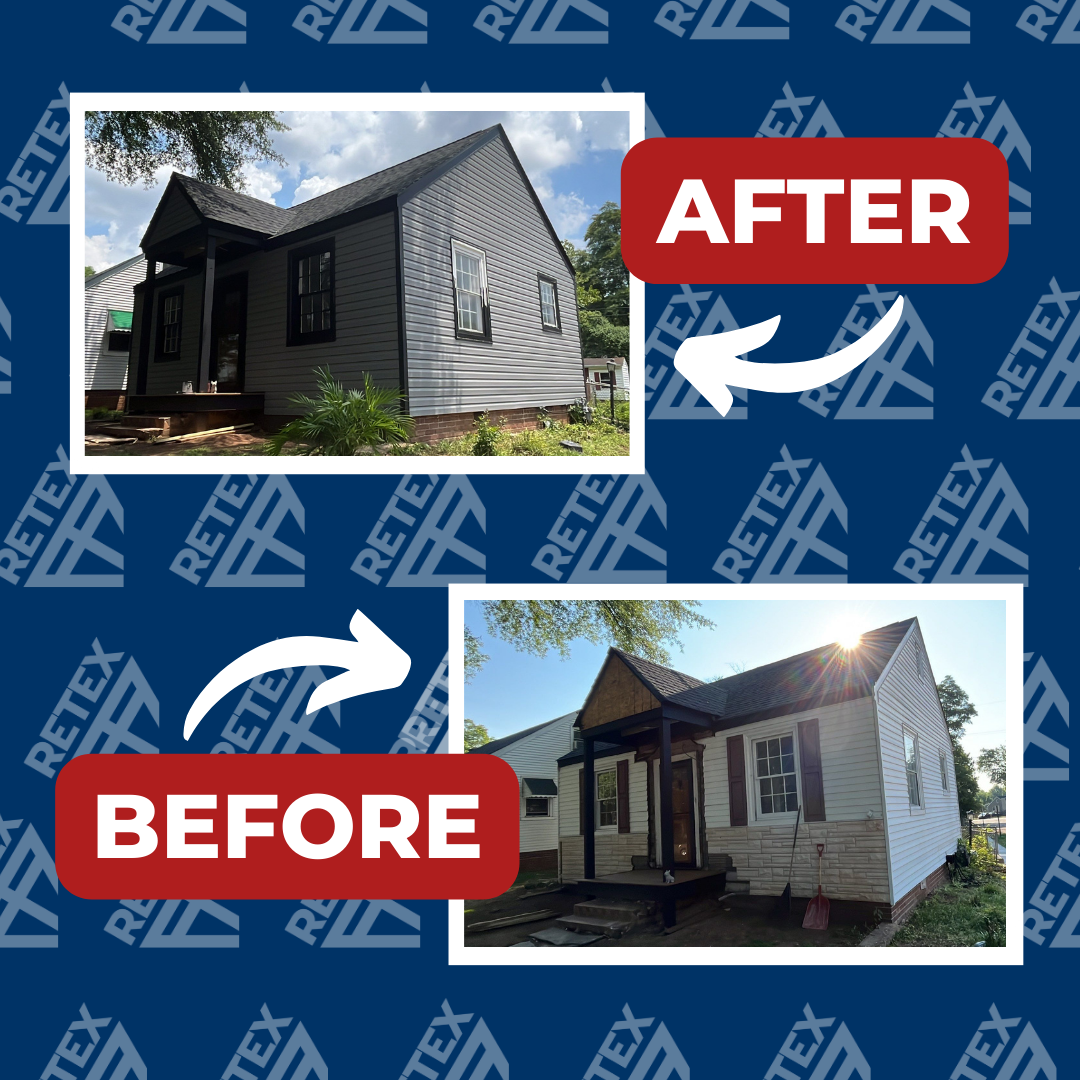 A graphic showing before-and-after photos of a RETEX siding replacement in Richmond VA 23223.