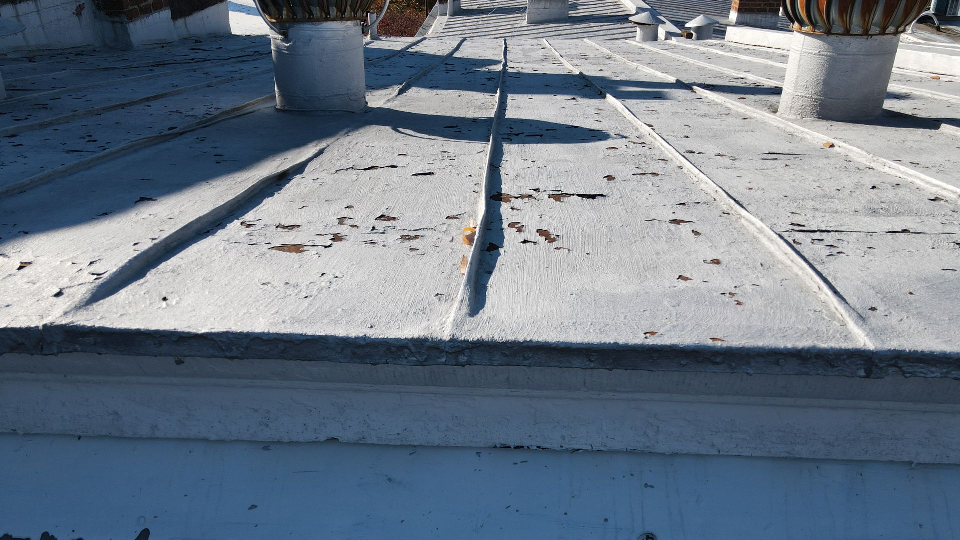 Drone image of a metal roof in need of recoating in Richmond VA 23220. Photo taken by RETEX's Caleb Kammerling.