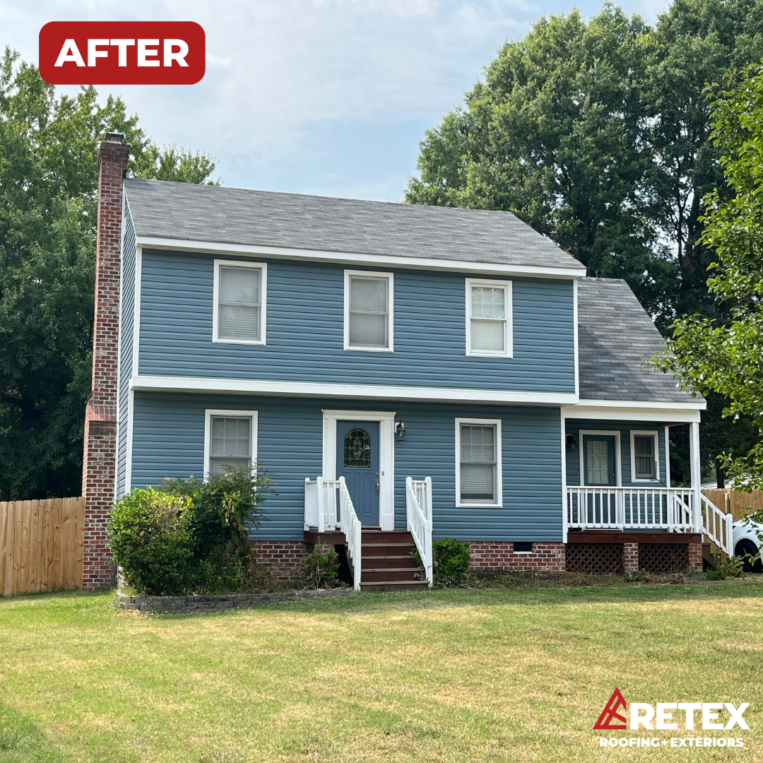 An after-installation photo of a RETEX vinyl siding replacement in Richmond VA 23228. Certainteed Mainstreet 