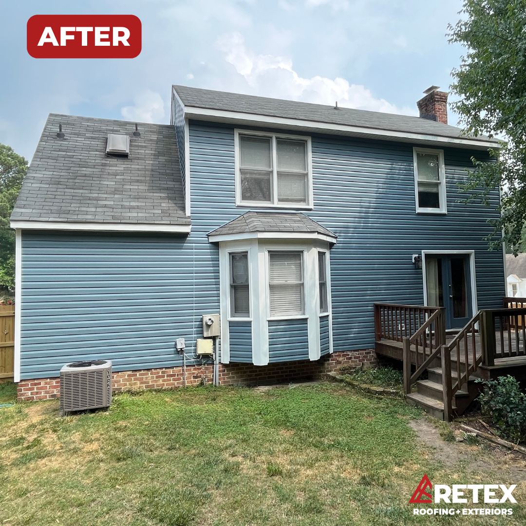 An after-installation photo of a RETEX vinyl siding replacement in Richmond VA 23228. Certainteed Mainstreet 