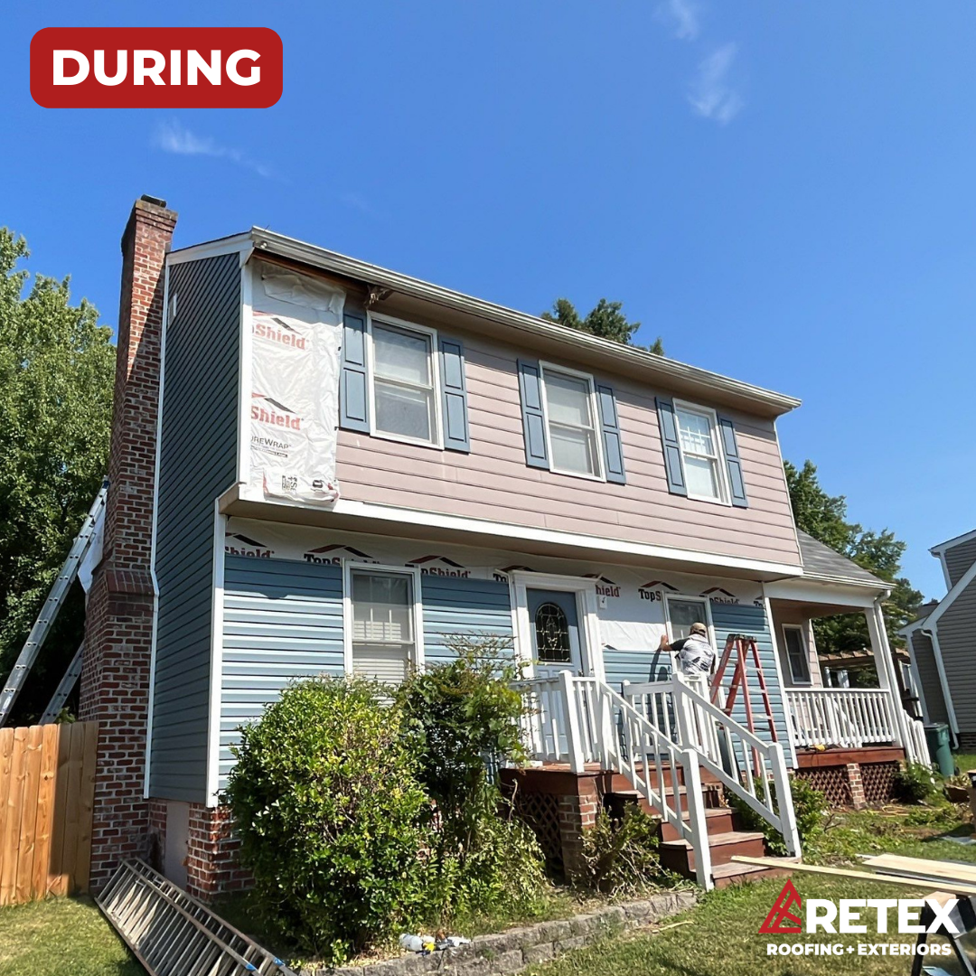 A during-installation photo of a RETEX vinyl siding replacement in Richmond VA 23228. Certainteed Mainstreet 