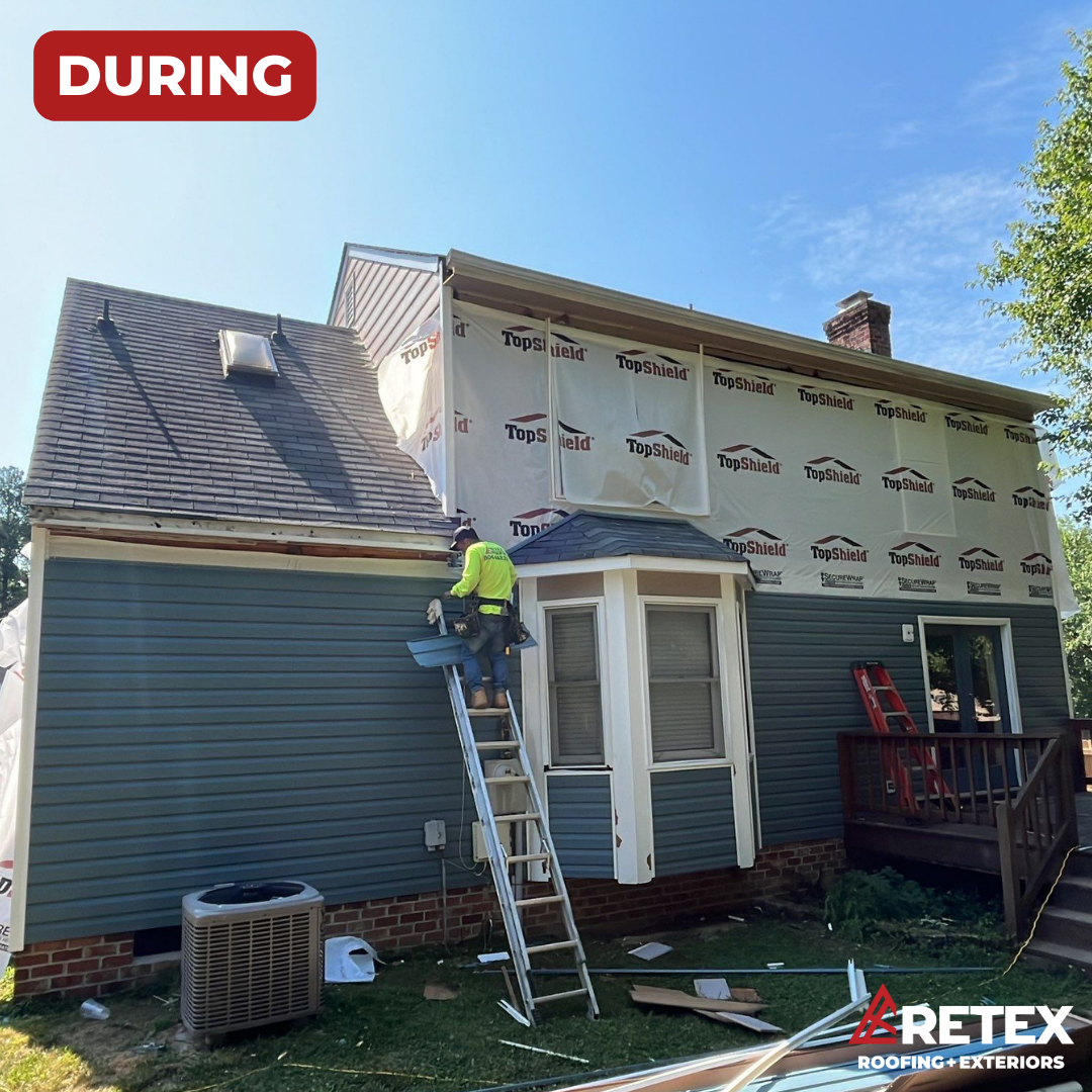 A during-installation photo of a RETEX vinyl siding replacement in Richmond VA 23228. Certainteed Mainstreet 