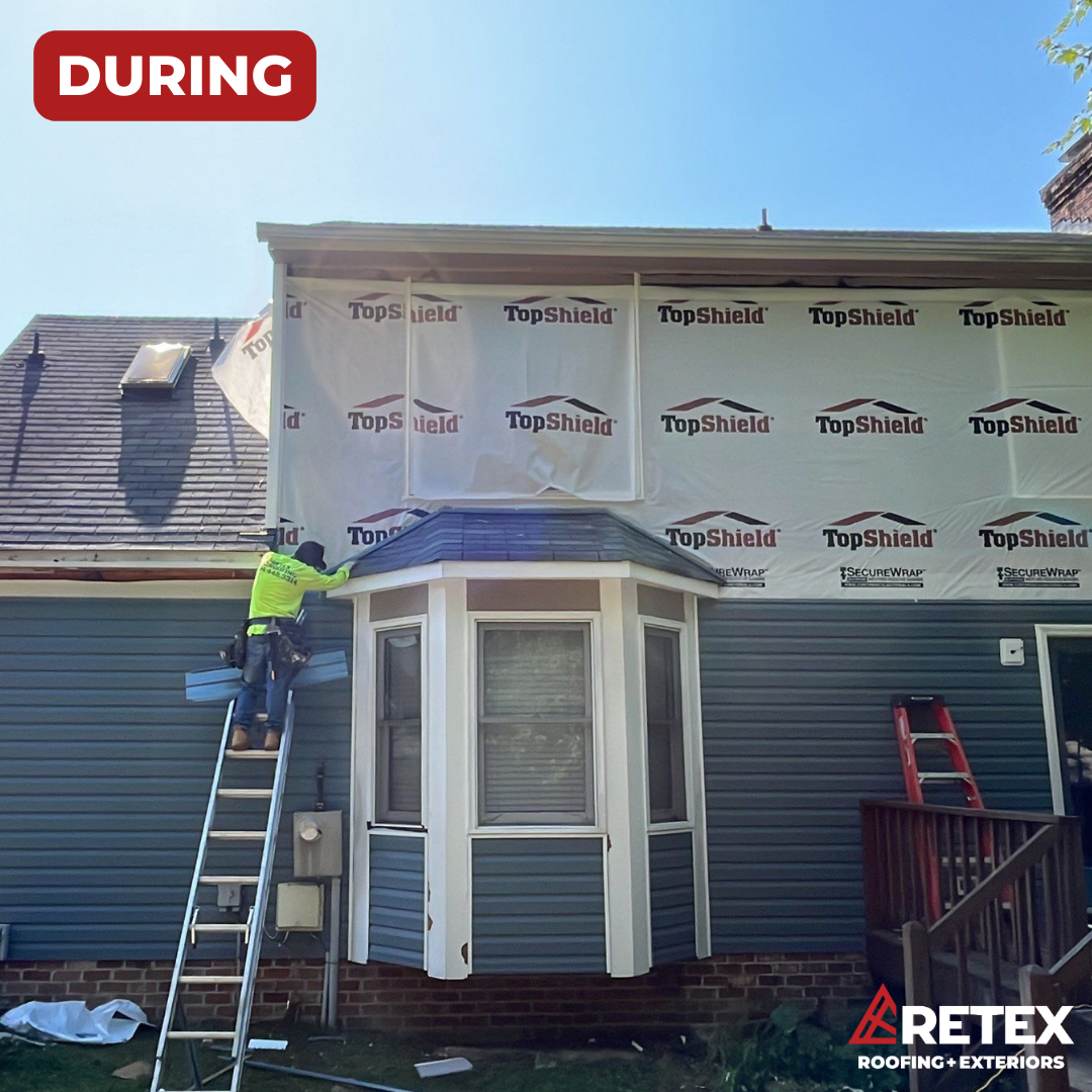 A during-installation photo of a RETEX vinyl siding replacement in Richmond VA 23228. Certainteed Mainstreet 