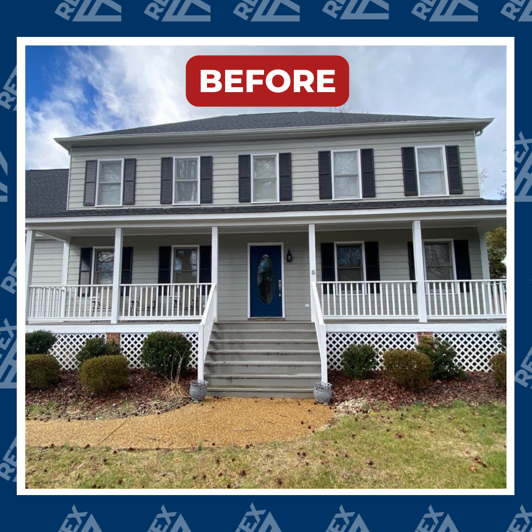 A graphic showing a before photo of a RETEX window replacement in Midlothian VA.