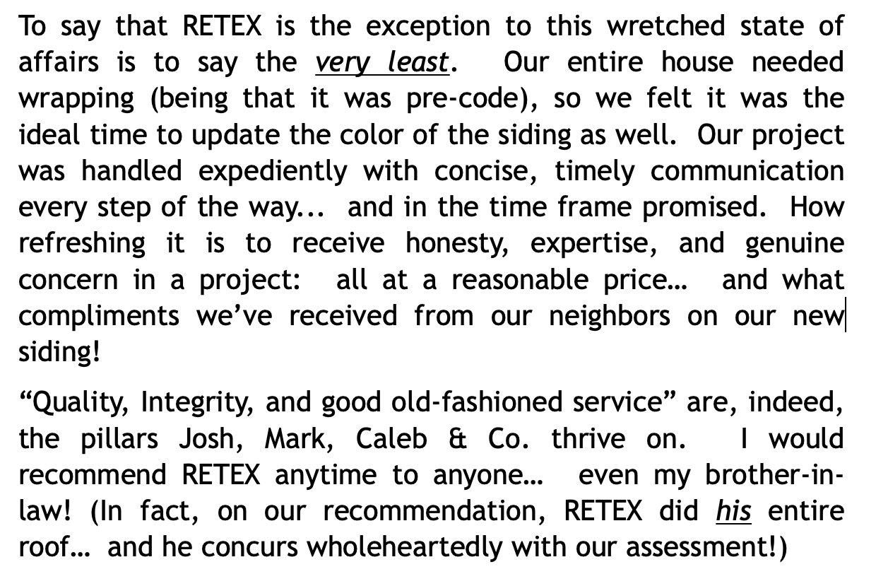 RETEX client Len Faulconer wrote a letter commending our workin replacing his Birkdale home's roof. Part 2 of the letter.
