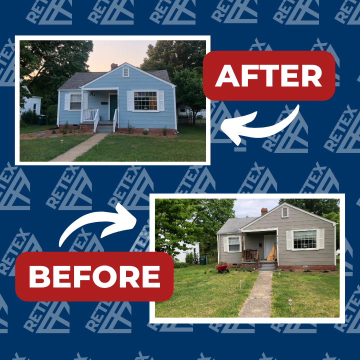 A graphic showing before-and-after photos of a RETEX roof and gutter replacement in Richmond VA.