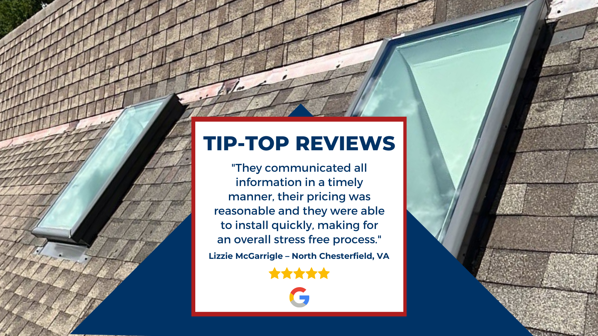Graphic of client Google review: They communicated all information in a timely manner, their pricing was reasonable, ...