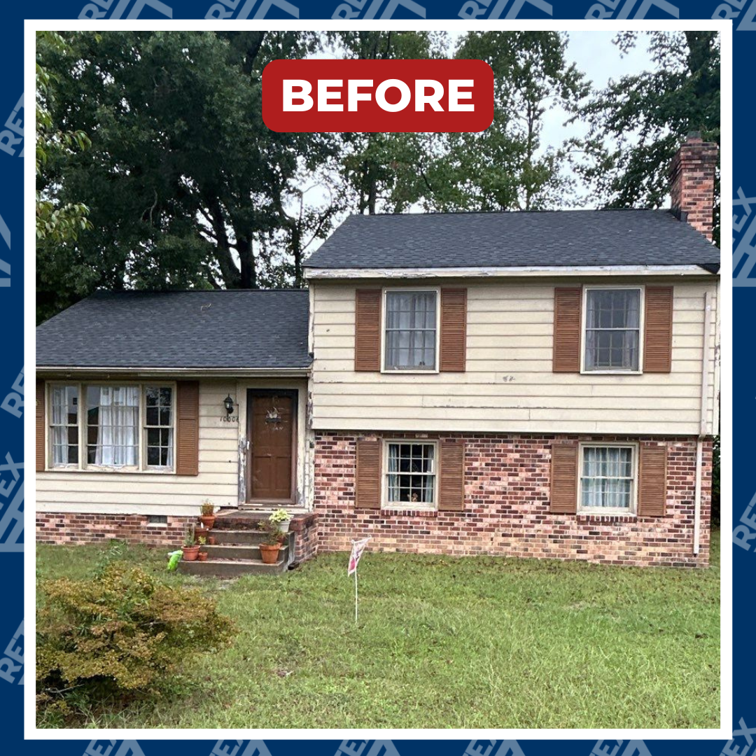 A graphic showing before image of RETEX roof, siding, window and gutter replacement in North Chesterfield VA 23236.