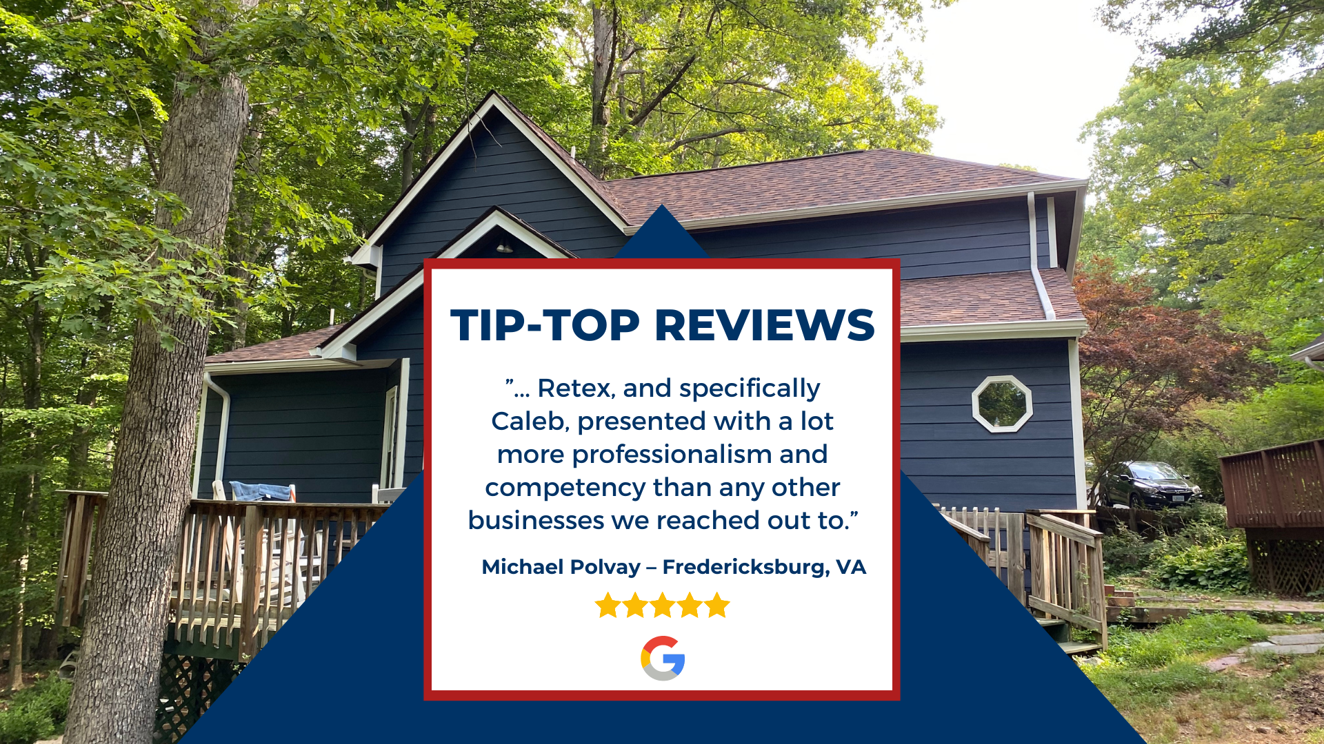 A graphic of a 5-star Google review from a client for HardiePlank fiber cement siding replacement in Fredericksburg VA 22407.