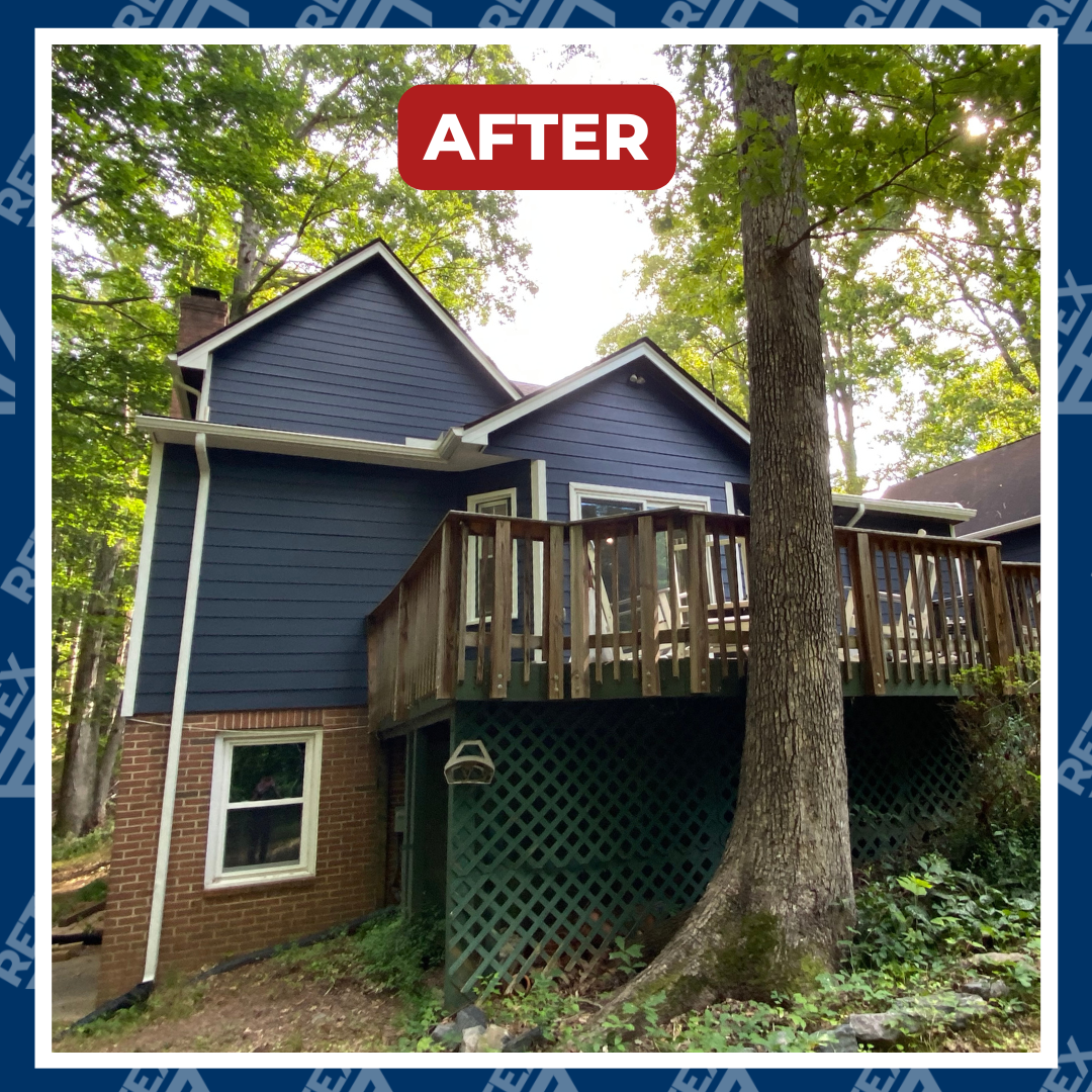 A graphic showing an after photo of a RETEX HardiePlank fiber cement siding replacement in Fredericksburg VA.