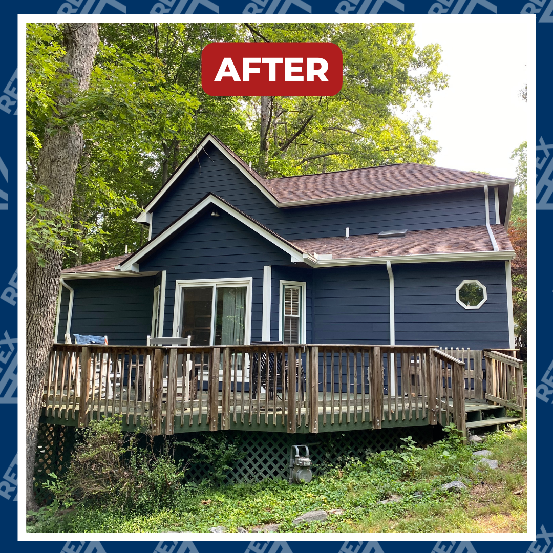 A graphic showing an after photo of a RETEX HardiePlank fiber cement siding replacement in Fredericksburg VA.
