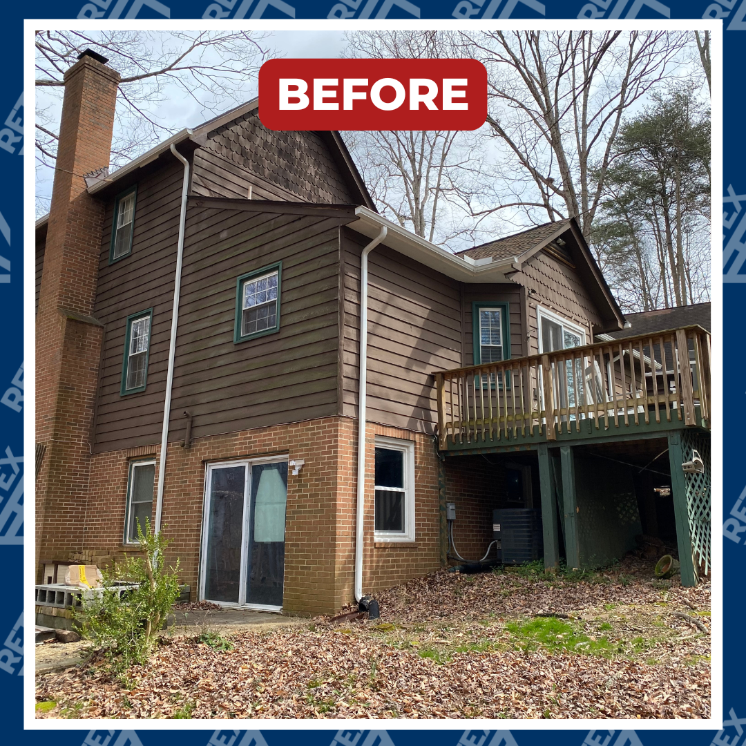 A graphic showing a before photo of a RETEX HardiePlank fiber cement siding replacement in Fredericksburg VA 22407.
