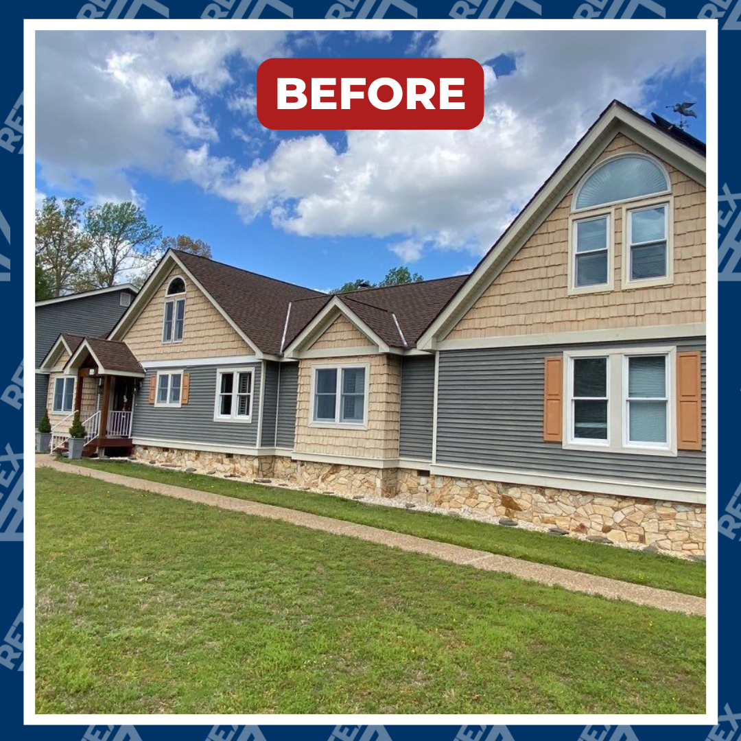 A graphic showing a before photo of a RETEX siding replacement in Chester VA 23831.