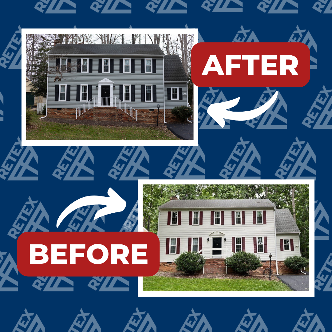 An infographic showcasing before-and-after photos of a RETEX siding replacement project for a Midlothian home.