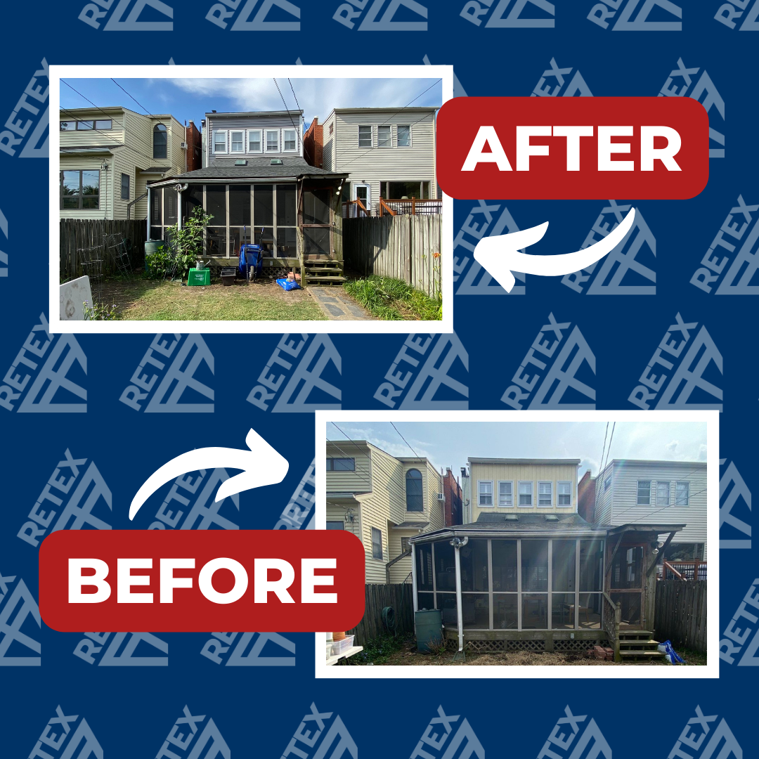 A graphic showing before-and-after photos of a RETEX roof, siding, and window replacement in Richmond VA.