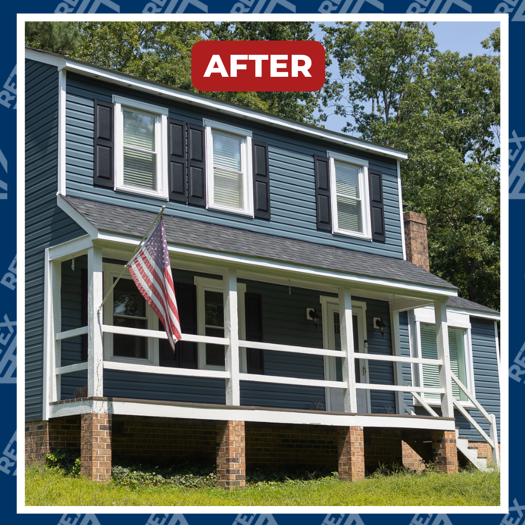 A graphic showing an after-installation photo of a RETEX roof, siding, and gutter replacement in North Chesterfield VA 23235.