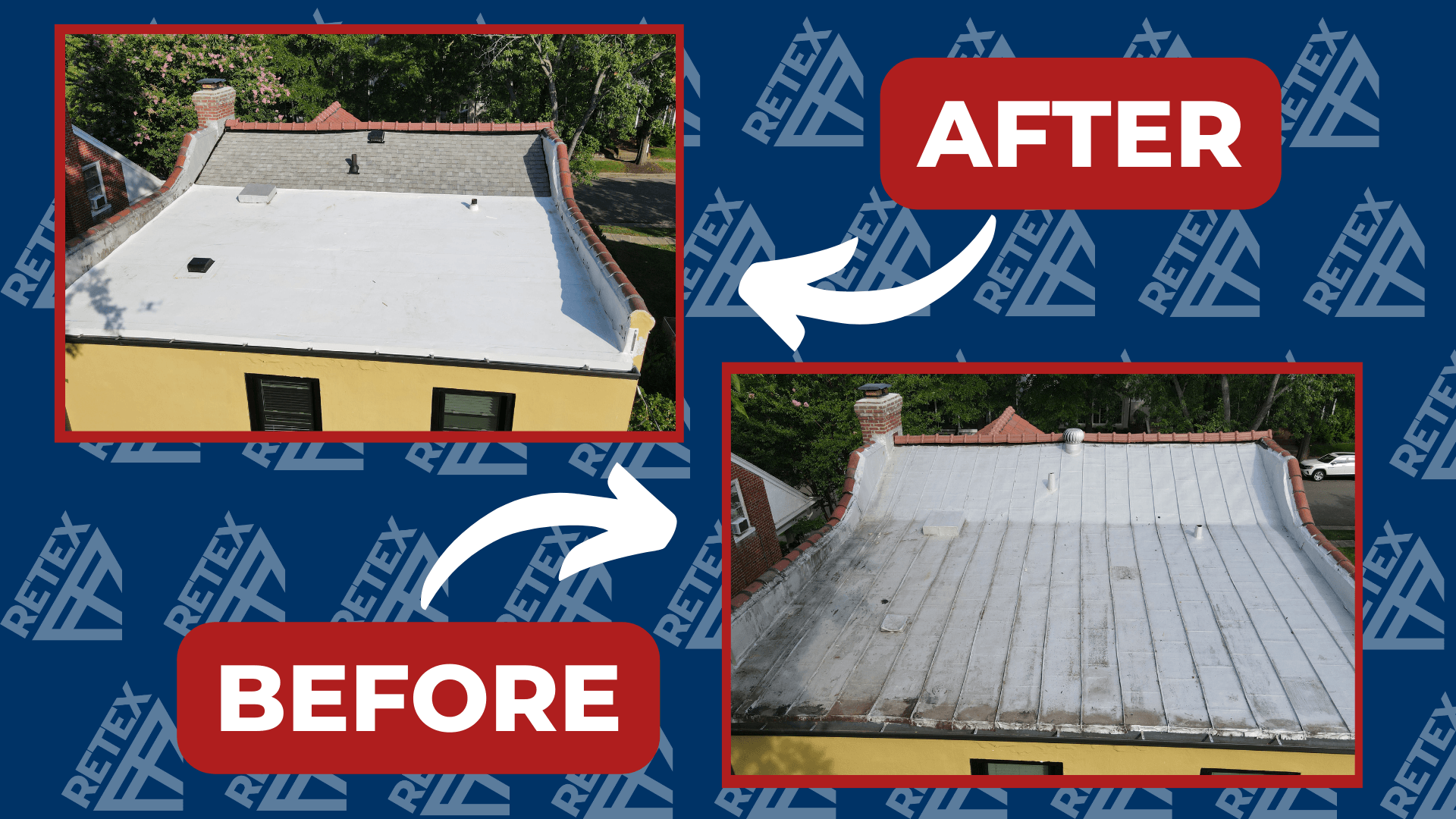 An infographic showcasing before-and-after photos of a RETEX flat roof replacement for a Richmond VA home.