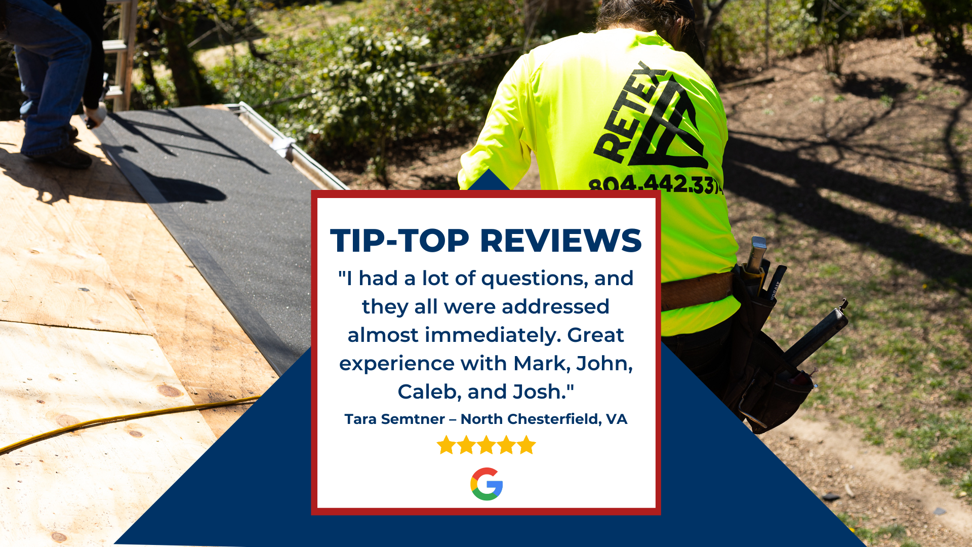A RETEX client's Google review. The graphic says:
