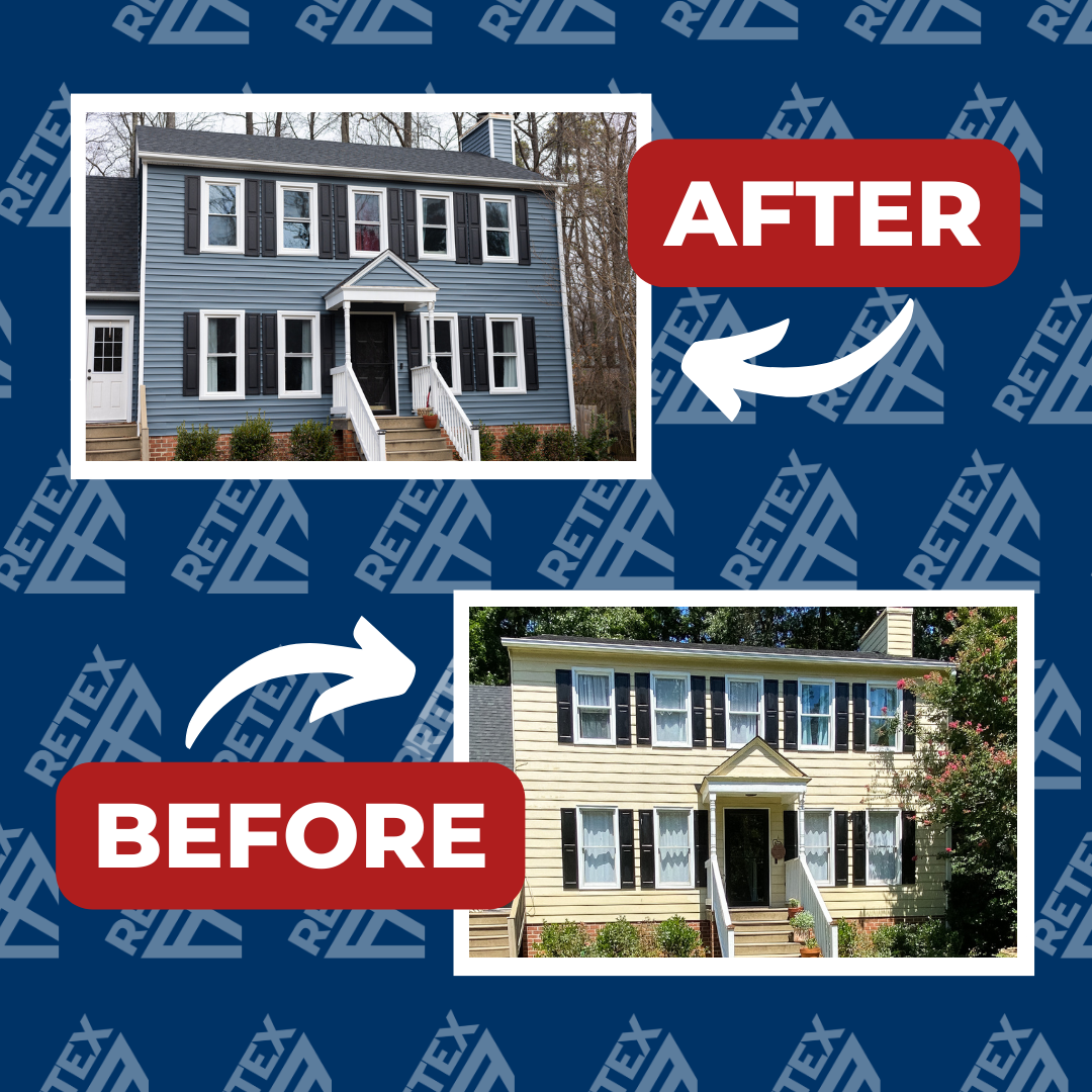 A graphic showing before-and-after photos of a RETEX roof replacement in North Chesterfield, VA 23235.