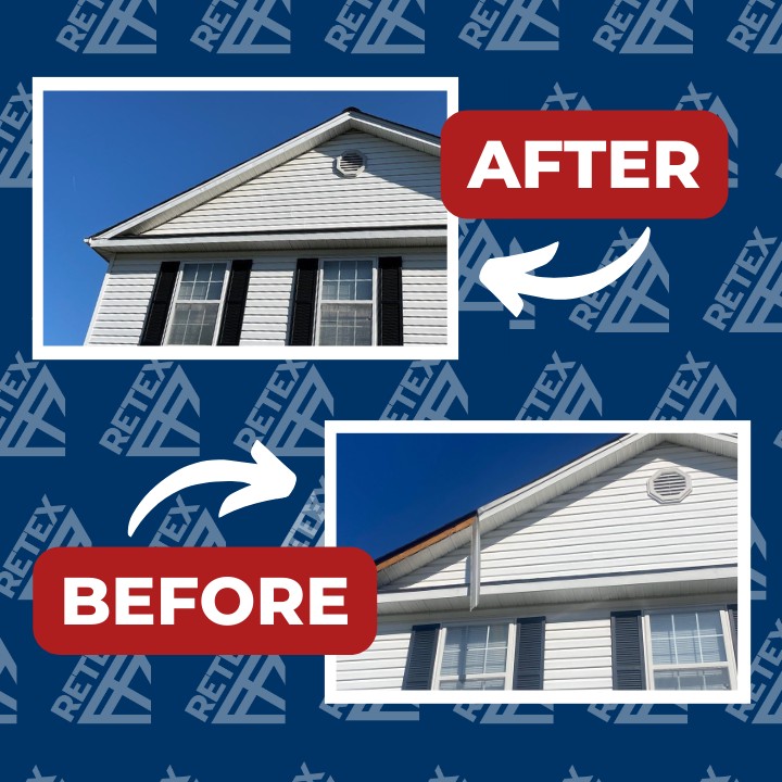 A graphic showing before-and-after photos of a RETEX aluminum trim cladding replacement in Richmond VA.