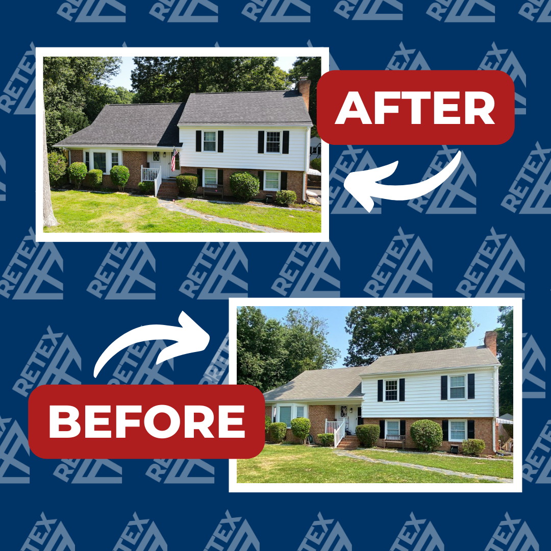 A graphic showing before-and-after photos of a RETEX roof replacement in Midlothian VA.