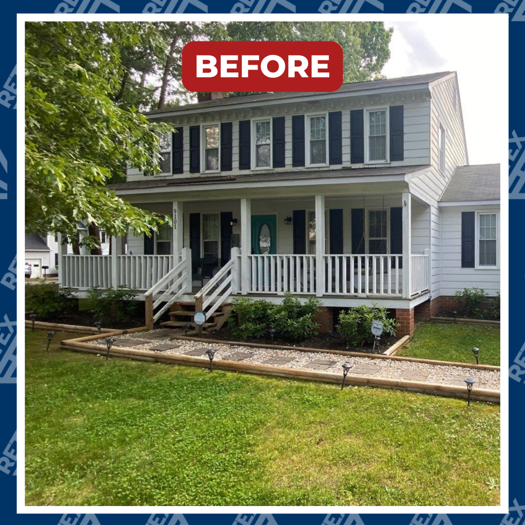 A graphic showing before image of RETEX roof, siding, window and gutter replacement in North Chesterfield VA 23236.