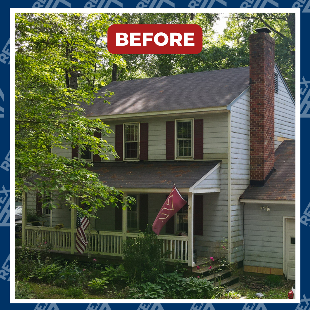 A graphic showcasing the before photo of a RETEX vinyl siding replacement in North Chesterfield VA.